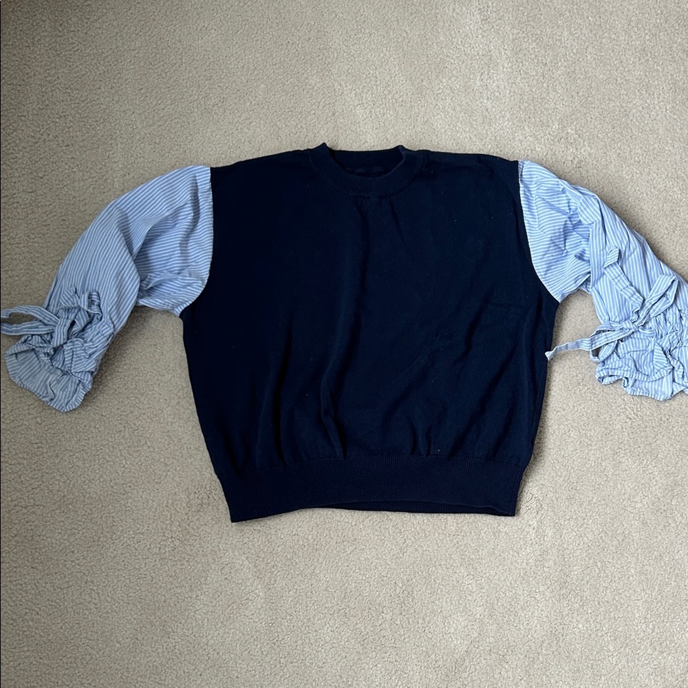 Women's Navy Sweater with Striped Sleeves - Size S